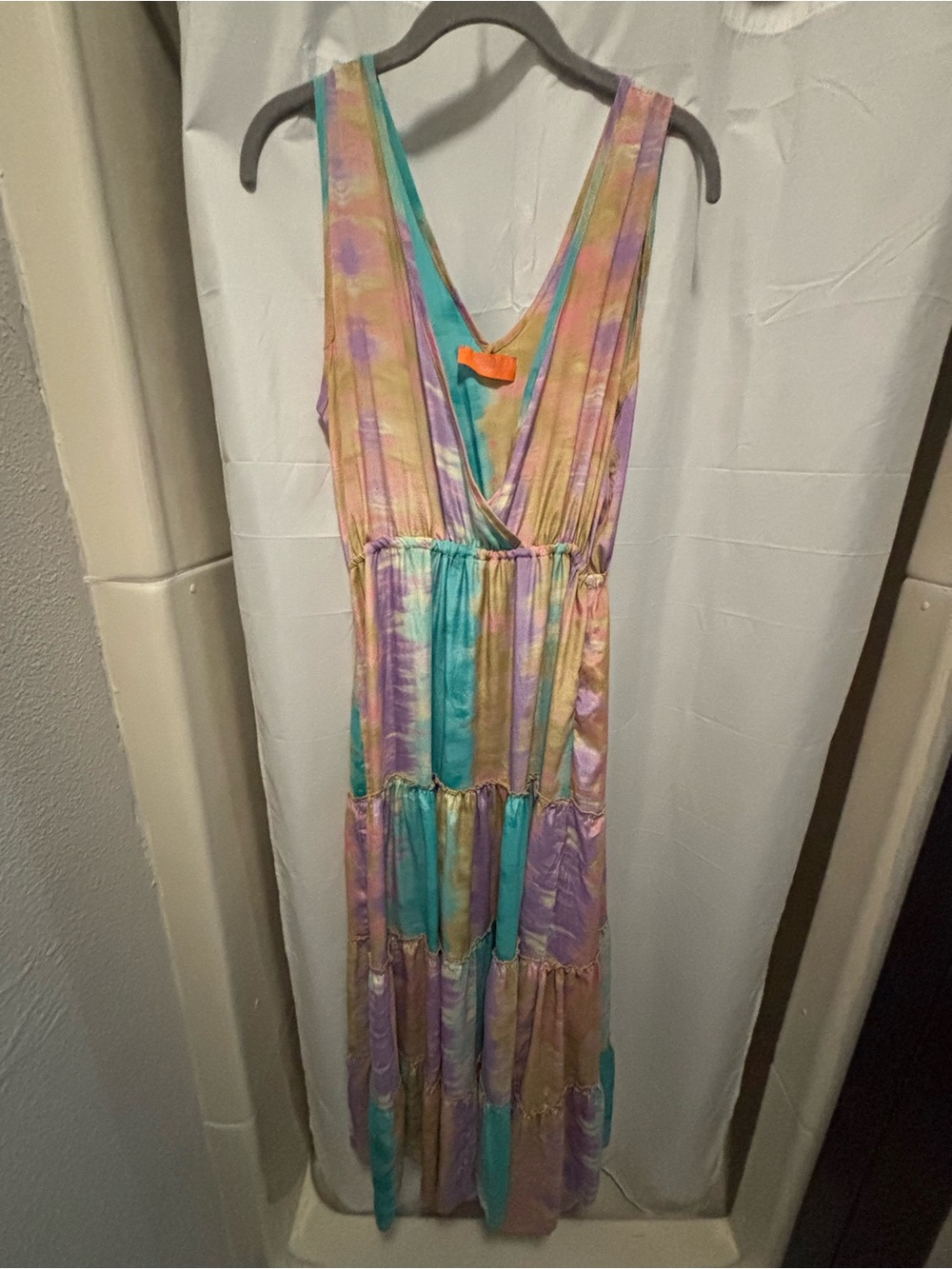 Silk Pastel Tie-Dye Maxi Dress in Teal, Lavender & Peach M